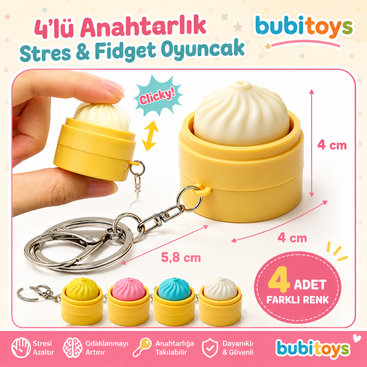 BubiToys 4'lü Dumpling Fidget Anahtarlık - Işıklı Stres Giderici Bao Oyuncağı, Yetişkinler İçin Odaklanma ve Anksiyete Giderici Eğlenceli Hediye
