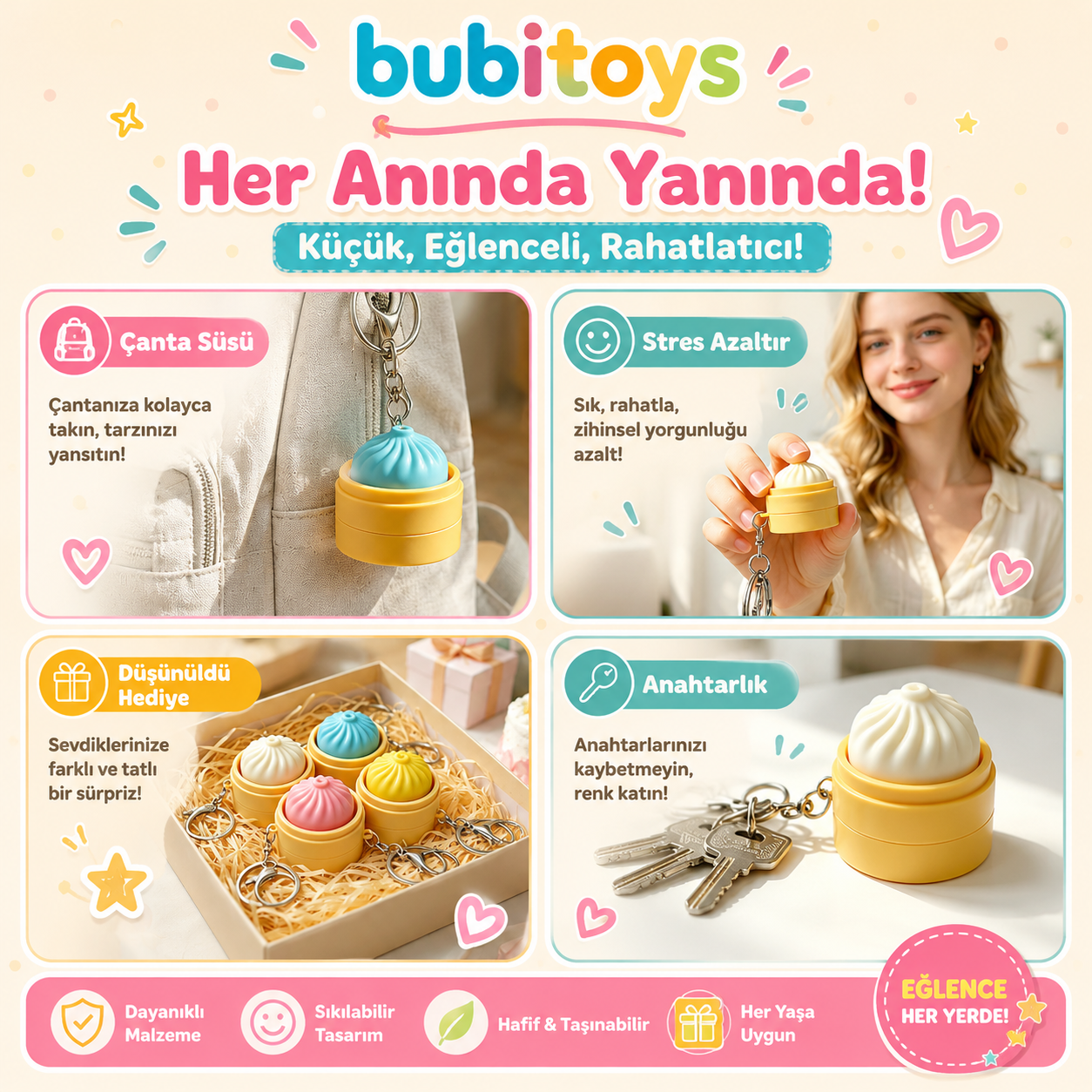 BubiToys 4'lü Dumpling Fidget Anahtarlık - Işıklı Stres Giderici Bao Oyuncağı, Yetişkinler İçin Odaklanma ve Anksiyete Giderici Eğlenceli Hediye