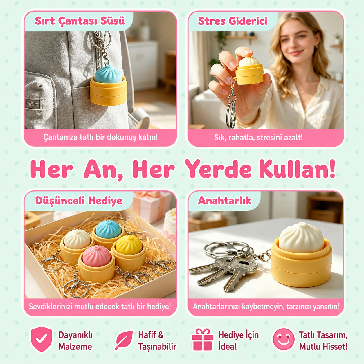 BubiToys 4'lü Dumpling Fidget Anahtarlık - Işıklı Stres Giderici Bao Oyuncağı, Yetişkinler İçin Odaklanma ve Anksiyete Giderici Eğlenceli Hediye