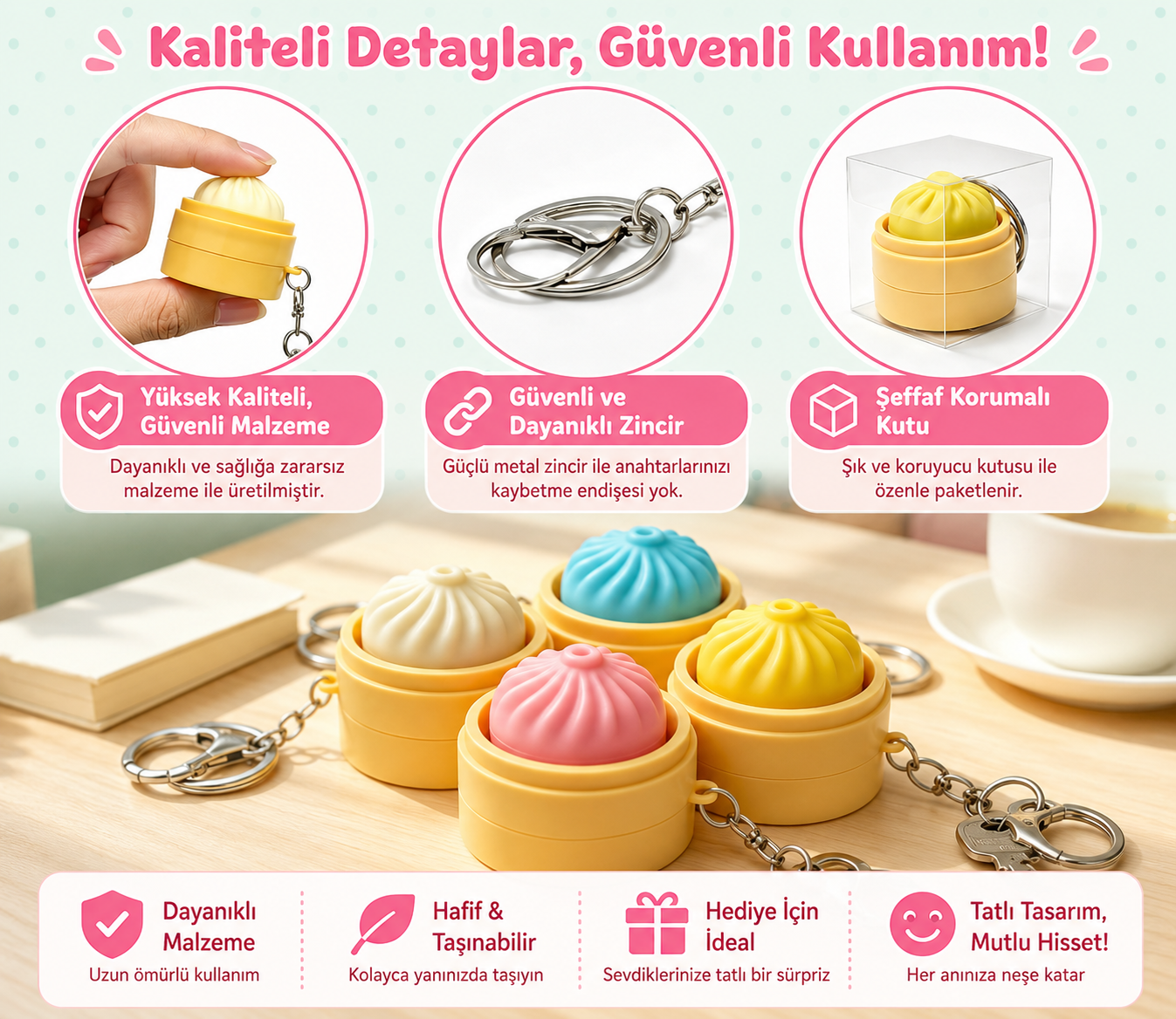 BubiToys 4'lü Dumpling Fidget Anahtarlık - Işıklı Stres Giderici Bao Oyuncağı, Yetişkinler İçin Odaklanma ve Anksiyete Giderici Eğlenceli Hediye