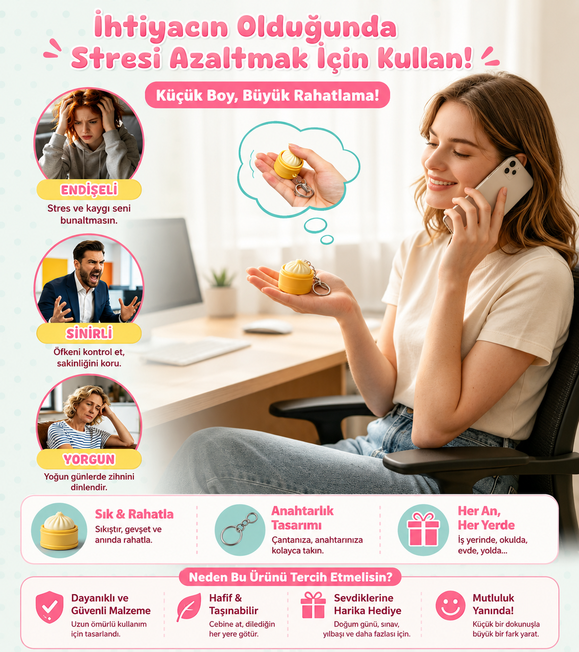 BubiToys 4'lü Dumpling Fidget Anahtarlık - Işıklı Stres Giderici Bao Oyuncağı, Yetişkinler İçin Odaklanma ve Anksiyete Giderici Eğlenceli Hediye